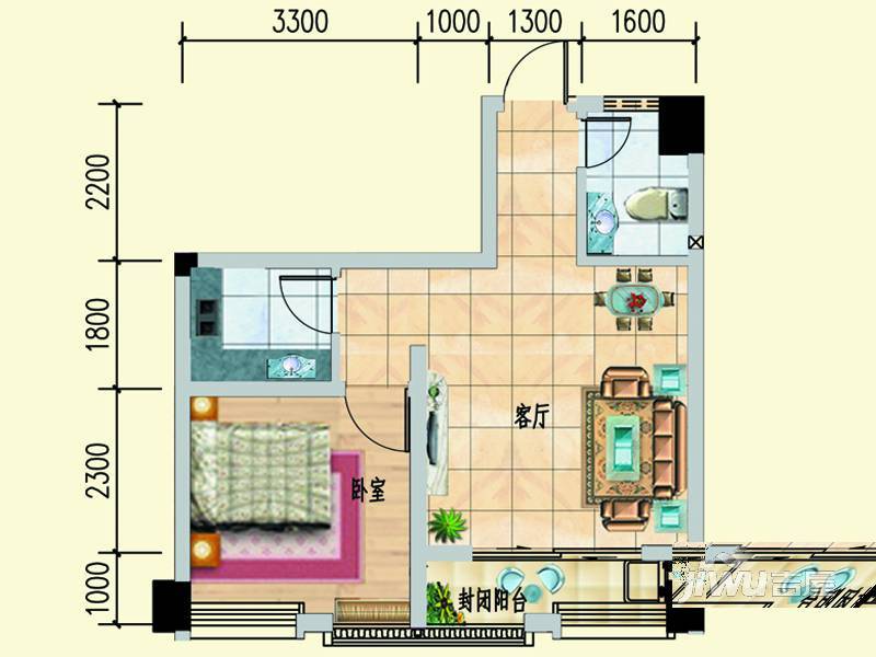 强远明峰公寓1室1厅1卫55.6㎡户型图