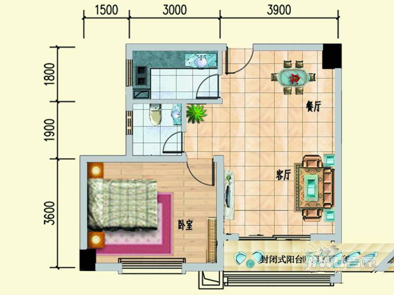 强远明峰公寓1室2厅1卫74㎡户型图