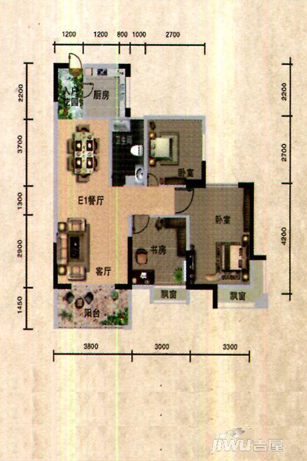 岳麓海岸三期3室2厅1卫87.9㎡户型图