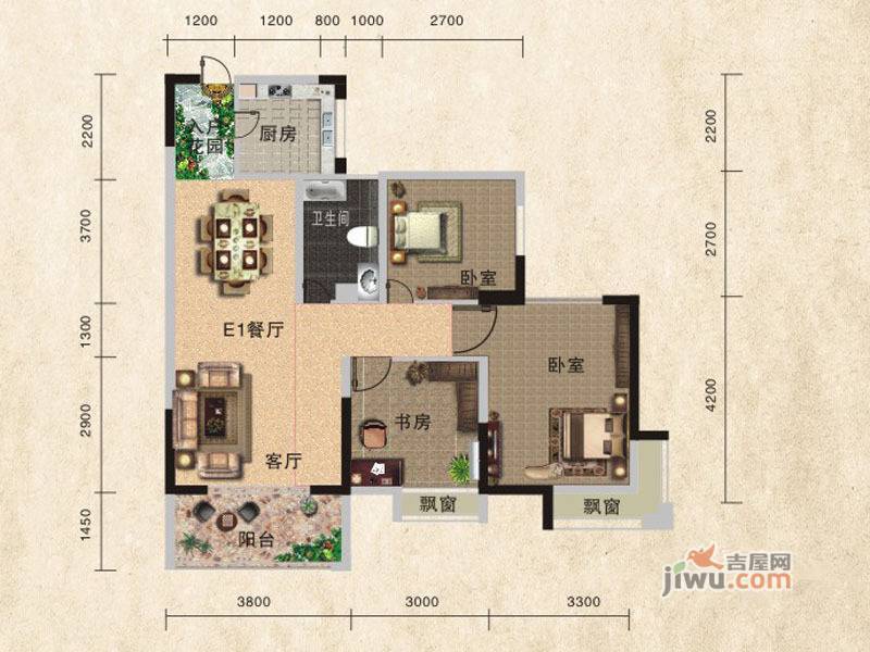 岳麓海岸三期3室2厅1卫88.4㎡户型图