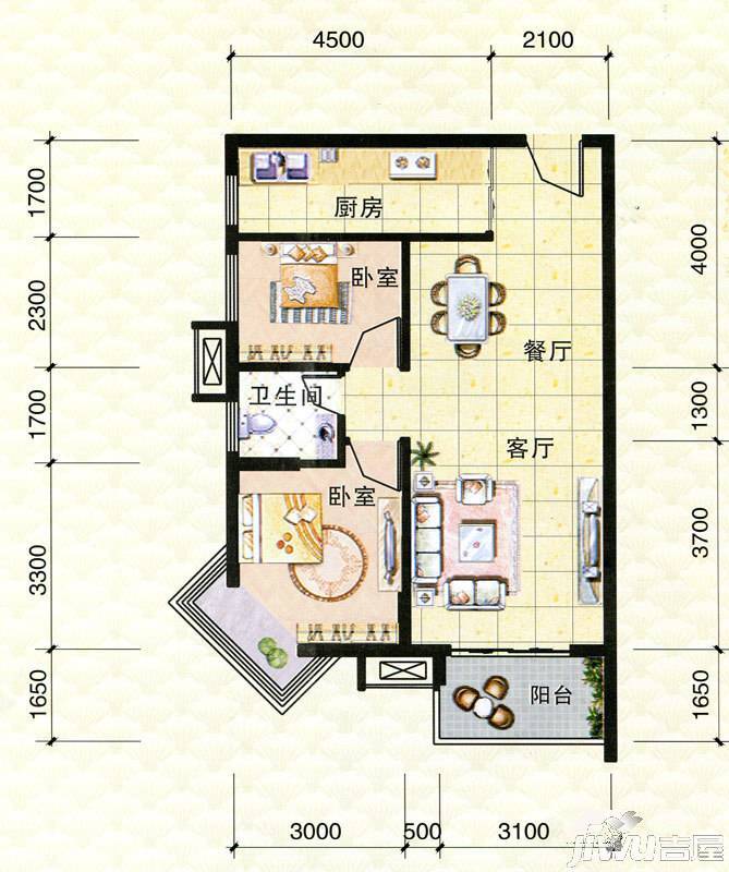 岳麓海岸三期2室2厅1卫74.2㎡户型图