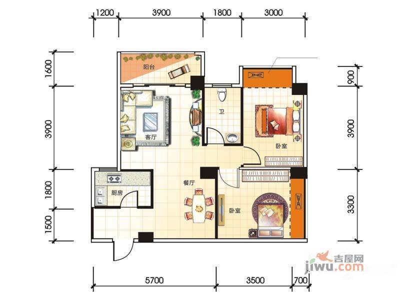 天宁·牧海2室2厅1卫83.1㎡户型图