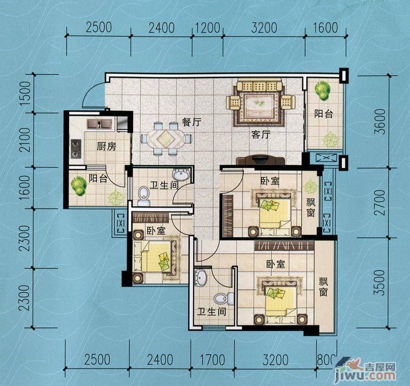 桐洋国际海岸3室2厅2卫88.6㎡户型图