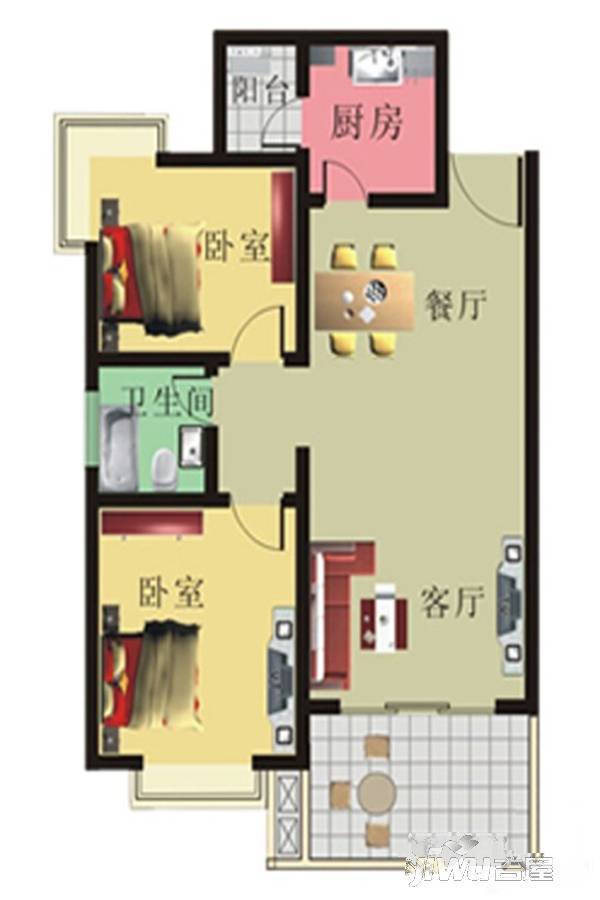 棕榈泉花园公寓2室2厅1卫89.3㎡户型图