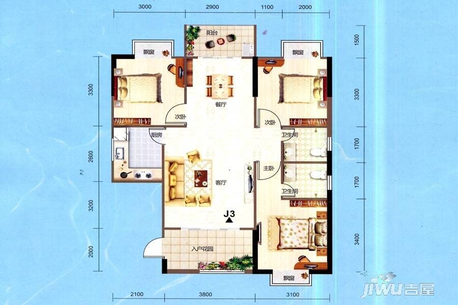 岳麓海岸三期3室2厅2卫98.6㎡户型图