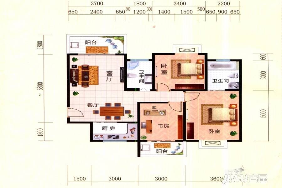 岳麓海岸三期3室2厅2卫116.9㎡户型图