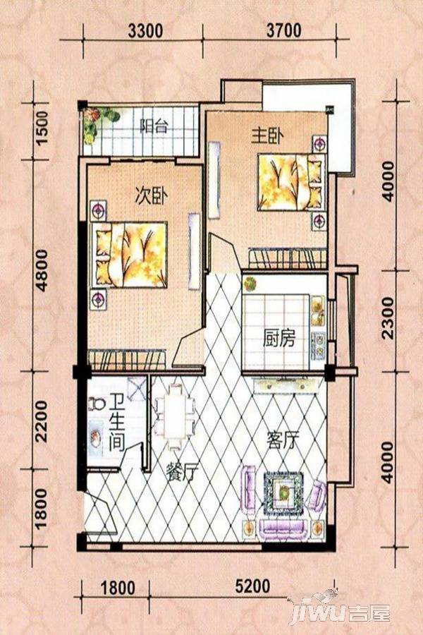 幸福海岸二期2室1厅1卫84.1㎡户型图