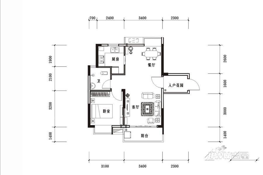 北海国际新城四期1室2厅1卫63.4㎡户型图