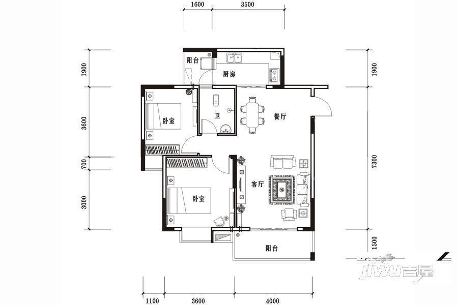 北海国际新城四期2室2厅1卫89㎡户型图