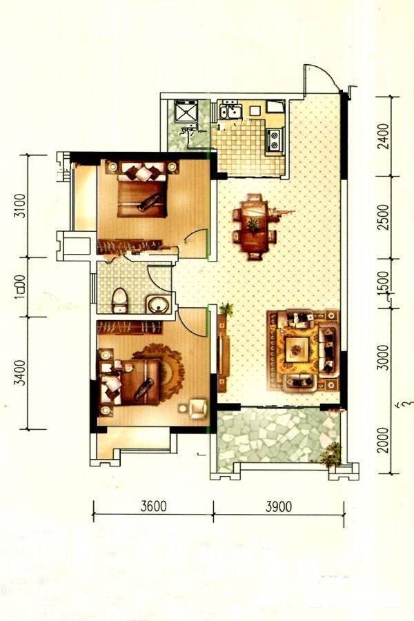 东峰国际公寓2室2厅1卫86.8㎡户型图