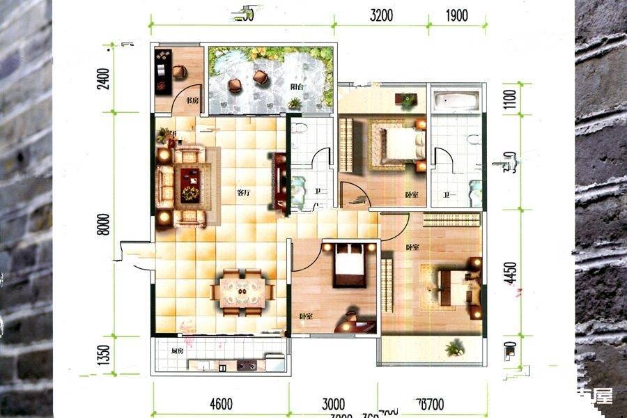 海纳百川2室2厅2卫104㎡户型图