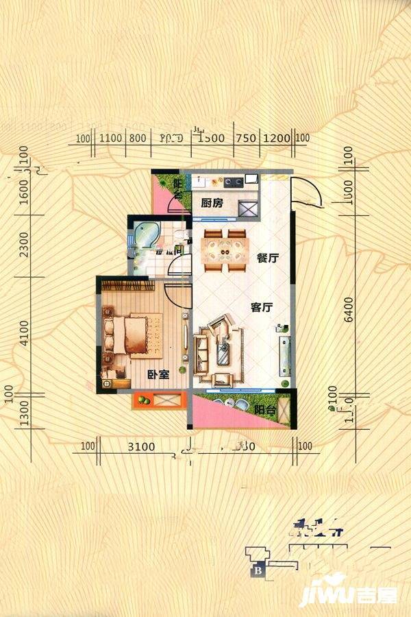 北海国际新城四期1室2厅1卫60.1㎡户型图