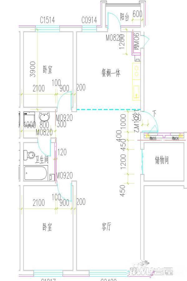 栖龙庭2室2厅1卫115.8㎡户型图