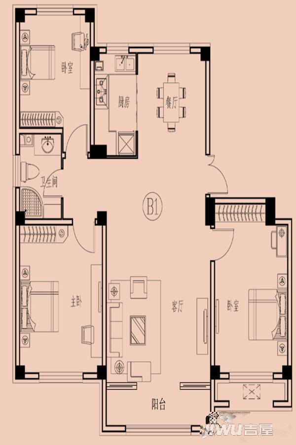瑞城御园二期3室2厅1卫123.1㎡户型图