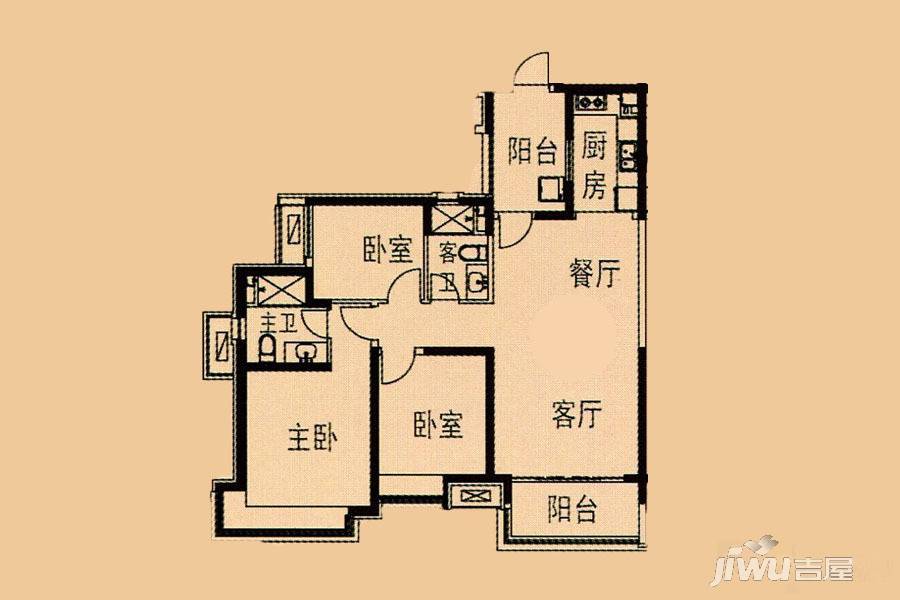 63㎡三室二厅二卫一厨户型图|鞍山恒大名都3房2厅2卫户型图_台安鞍山