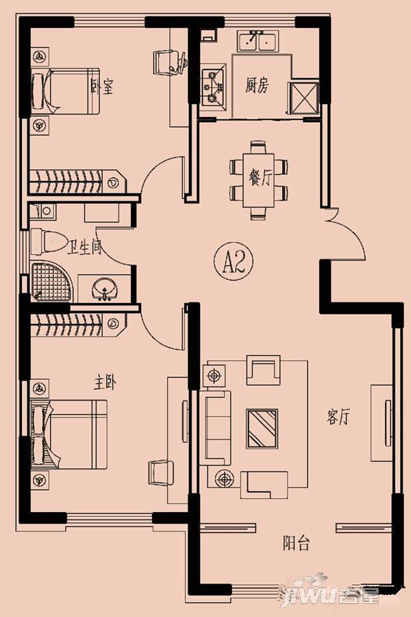 瑞城御园2室2厅1卫94.2㎡户型图