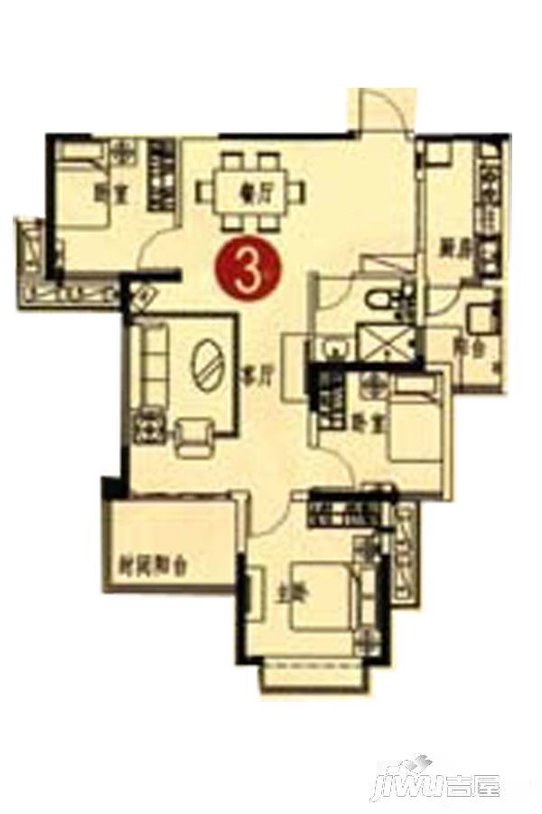 鞍山恒大绿洲3室2厅1卫108.5㎡户型图