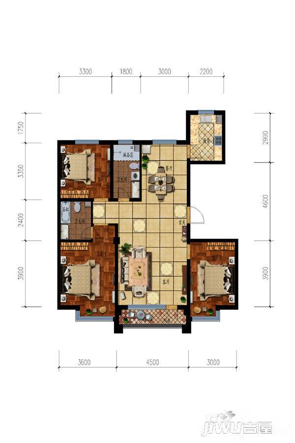 鑫泰蓝湾国际3室2厅2卫126.8㎡户型图