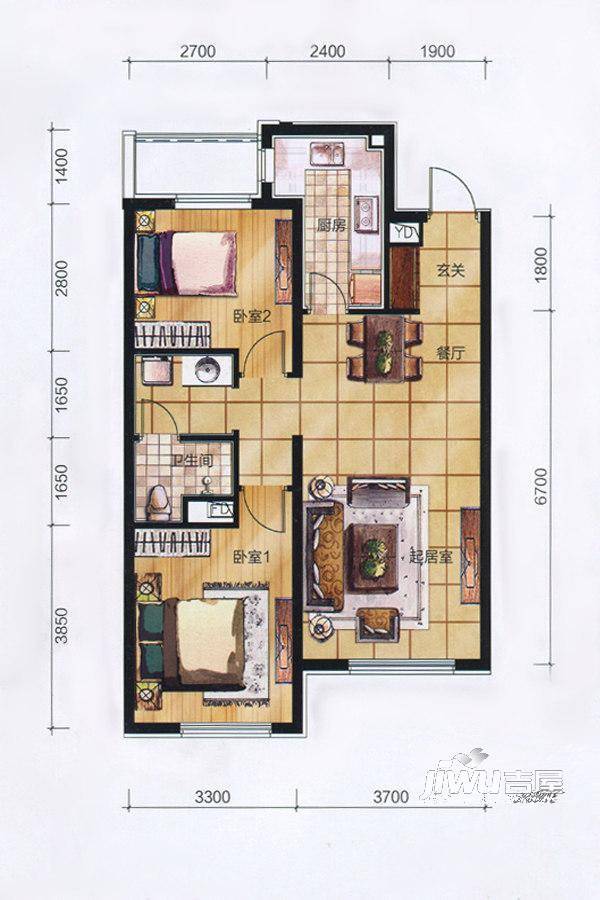 万科金域国际2室2厅1卫90㎡户型图