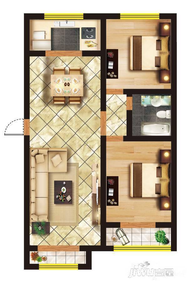 一渡龙湾2室2厅1卫107㎡户型图