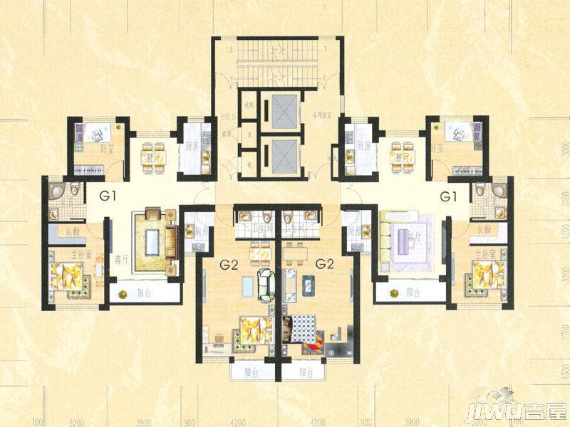 香江东湖印象2室2厅1卫93.4㎡户型图