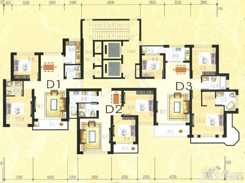 香江东湖印象2室2厅2卫98㎡户型图