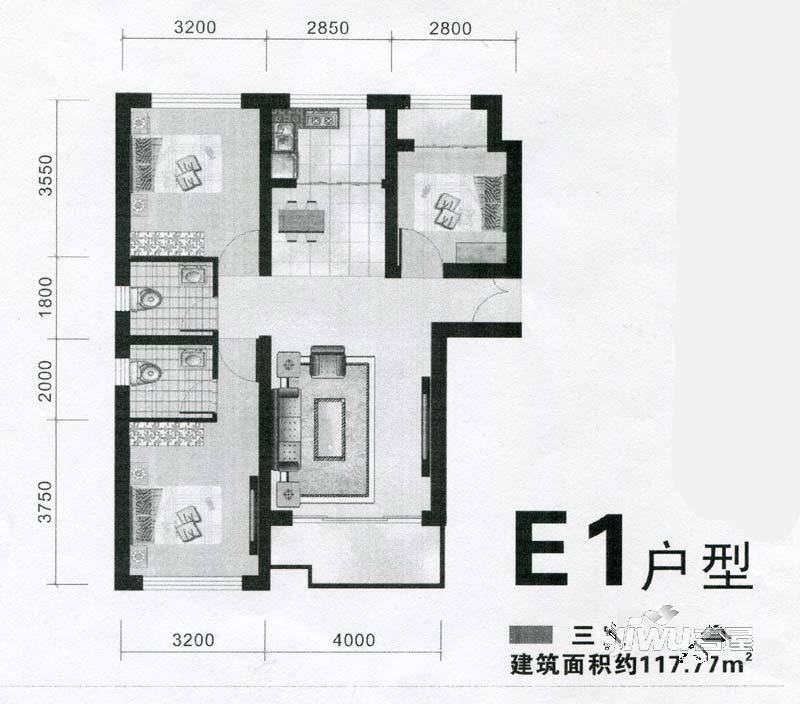 香江东湖印象3室2厅2卫117.8㎡户型图