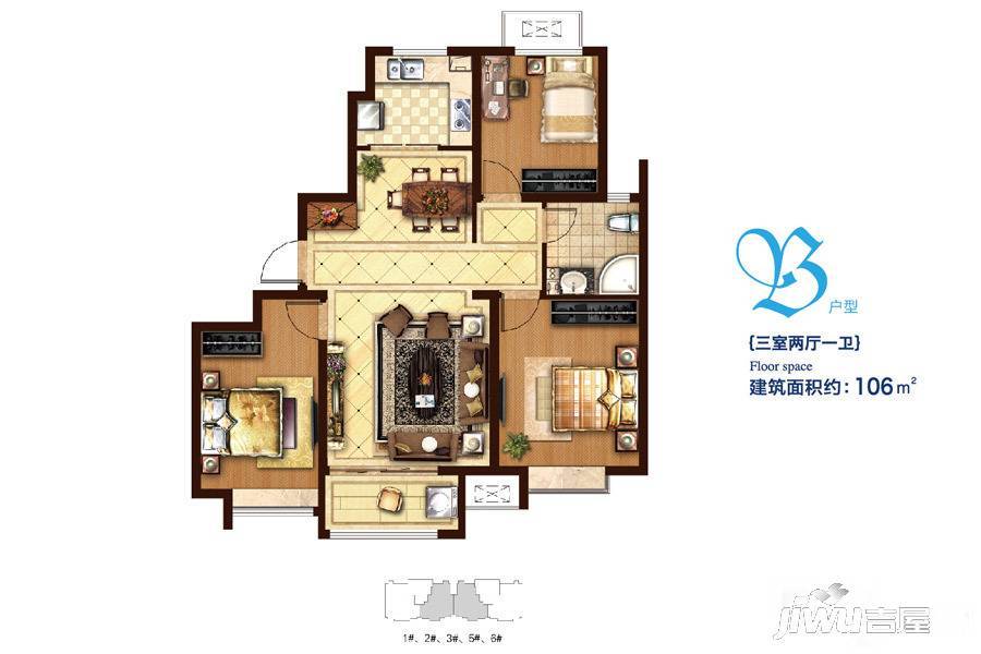 悦都观湖公馆3室2厅1卫106㎡户型图