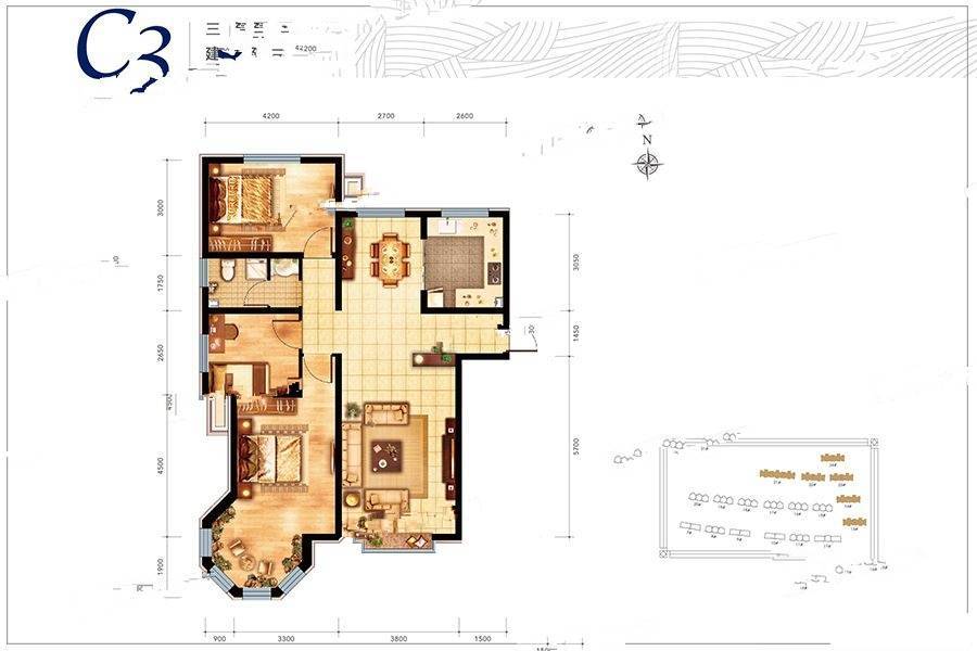 御湖文苑3室2厅1卫124㎡户型图