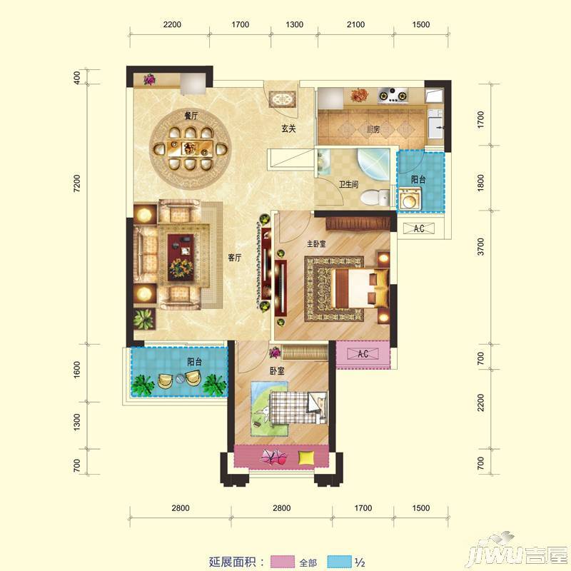 乾通时代广场2室2厅1卫83.8㎡户型图