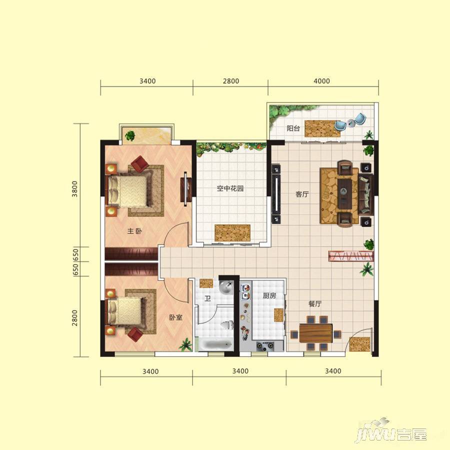 水榭花都3室2厅1卫105.4㎡户型图