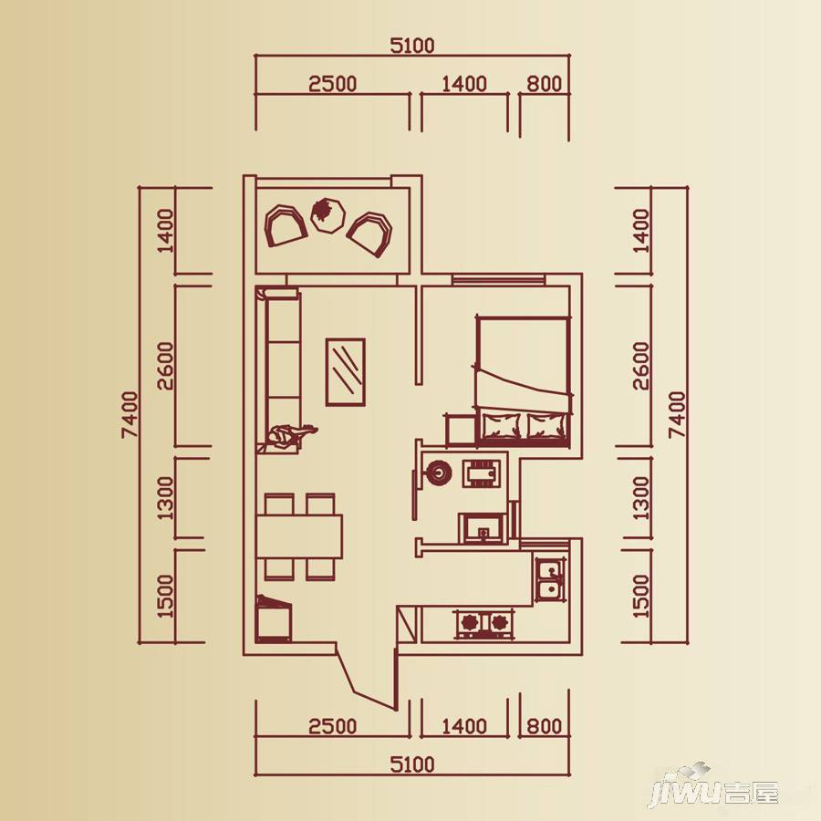 裕湘公馆1室2厅1卫46㎡户型图