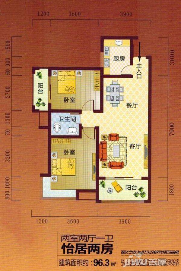 嘉禾中港瓏熙府2室2厅1卫96.3㎡户型图