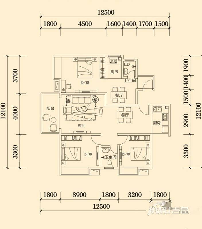 明兴翰苑3室3厅2卫87㎡户型图