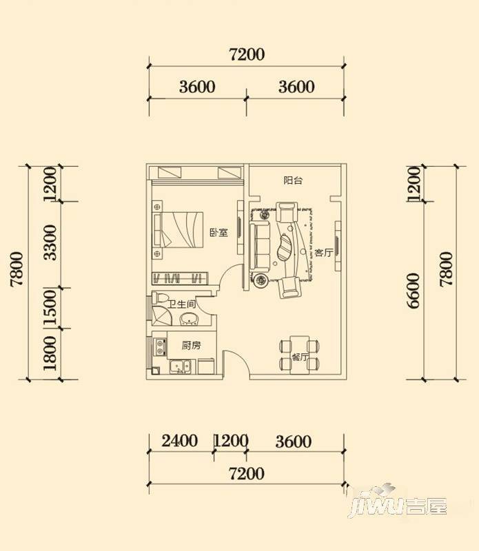 明兴翰苑1室2厅1卫64.8㎡户型图