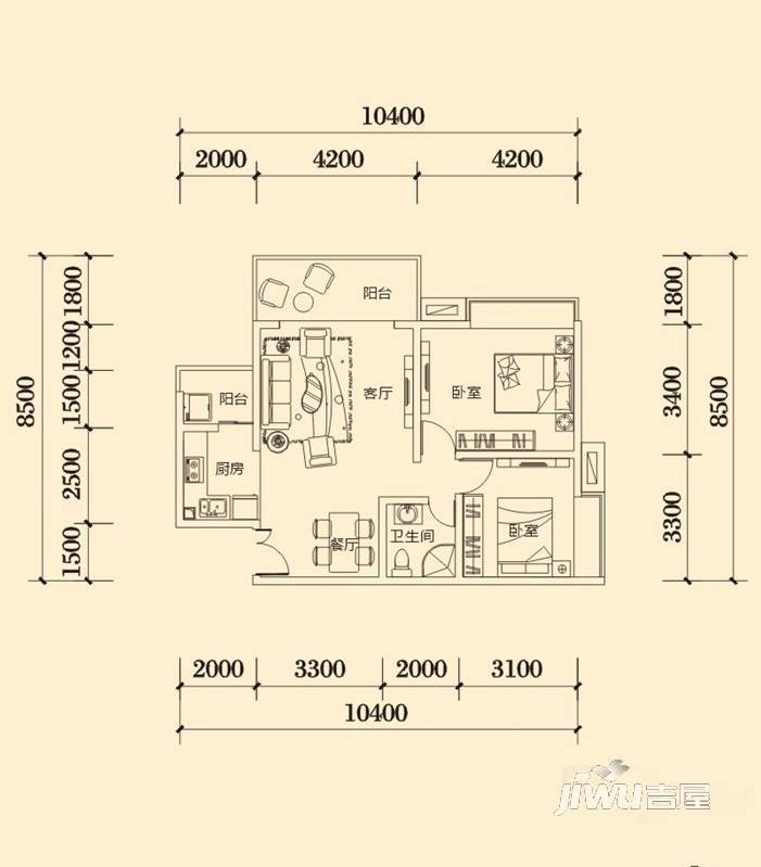 明兴翰苑2室2厅1卫84.4㎡户型图