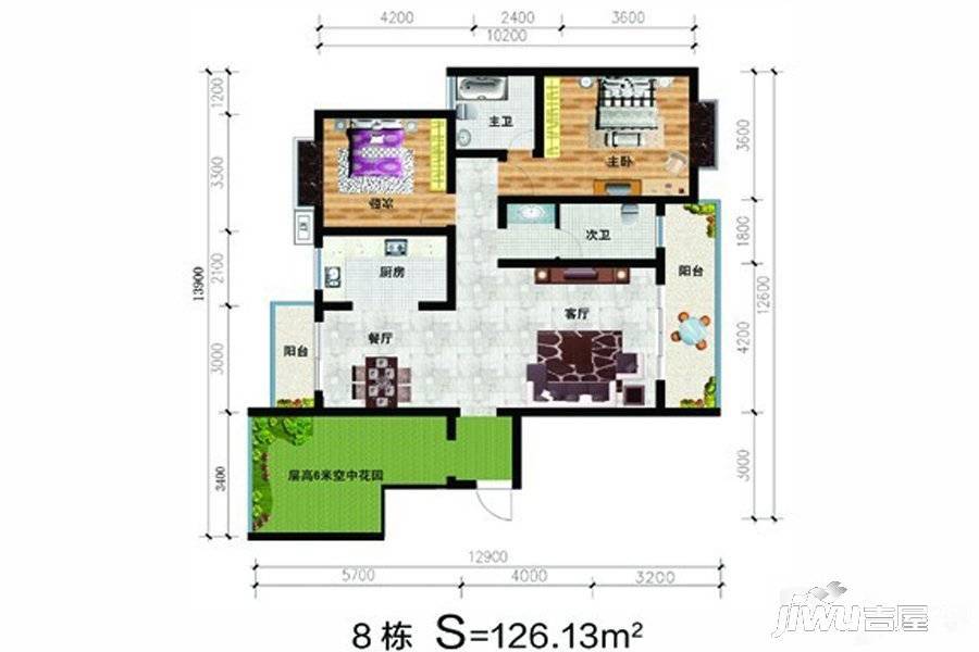 天下家园二期2室2厅2卫126.1㎡户型图