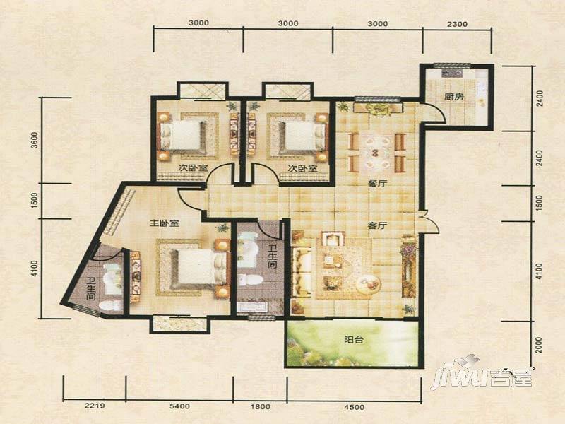 御峰园3室2厅2卫124.6㎡户型图