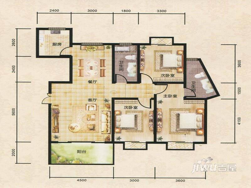 御峰园3室2厅2卫126㎡户型图