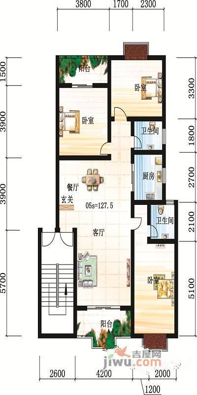 三星花苑3室2厅2卫127.5㎡户型图