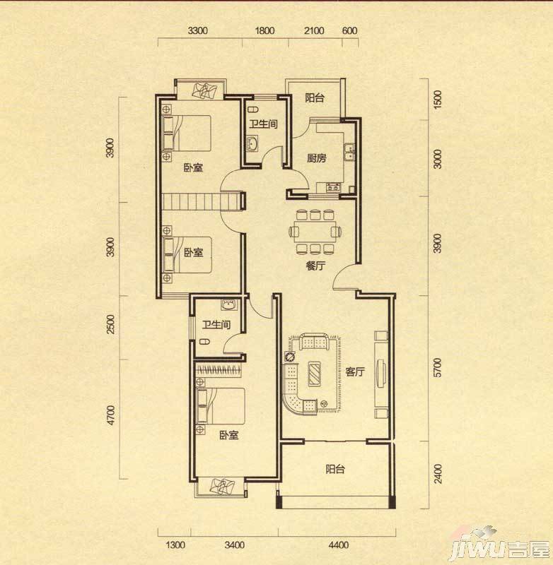 拓兴·阳光新城3室2厅2卫129.1㎡户型图