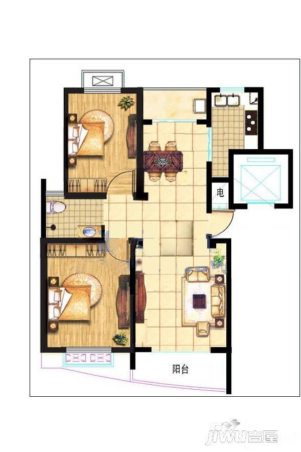 华侨新苑2室2厅1卫95.5㎡户型图