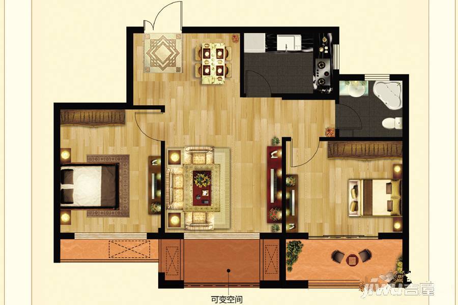 中天翡丽湾2室2厅1卫88㎡户型图