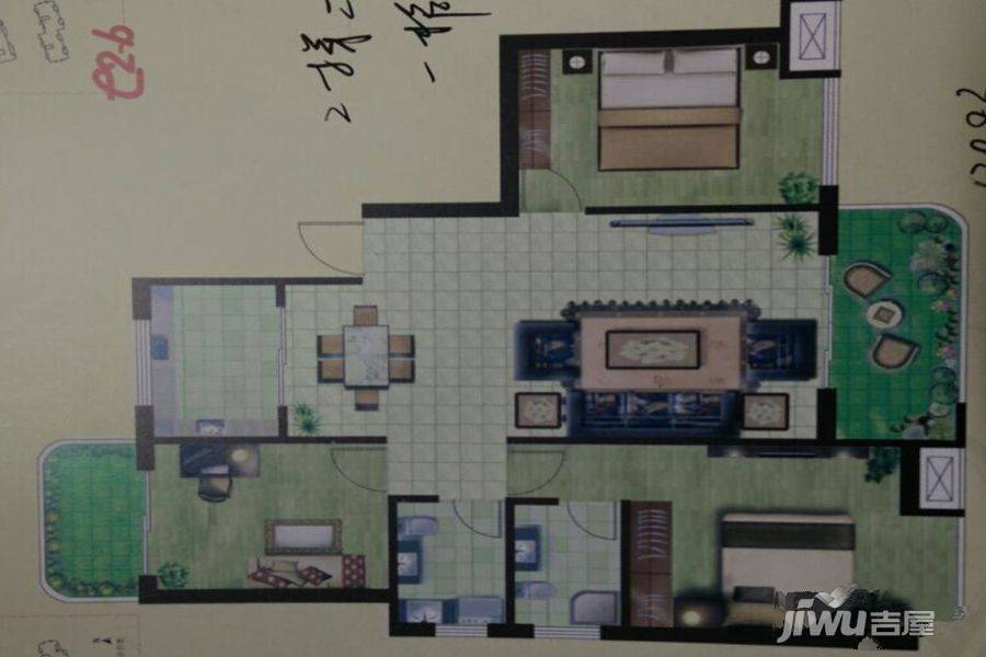 河畔花城3室2厅2卫120.8㎡户型图