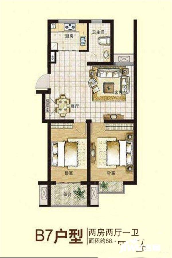 凤凰瑞园2室2厅1卫88.1㎡户型图