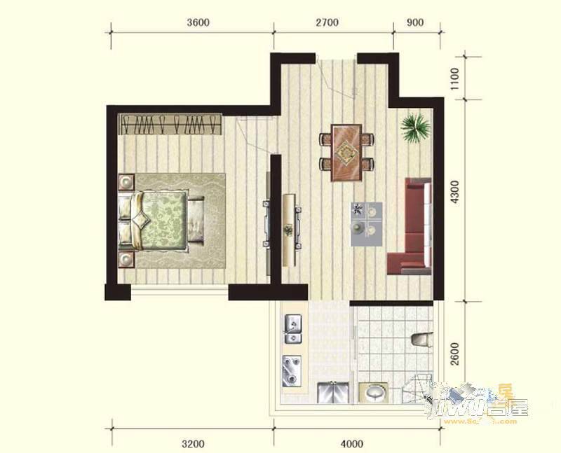 城市之光1室1厅1卫60㎡户型图