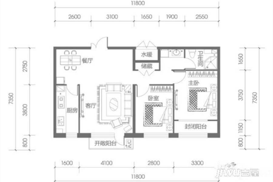 名都和景2室2厅1卫93.3㎡户型图