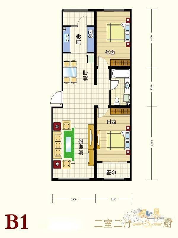 祺泰新居2室2厅1卫107.1㎡户型图