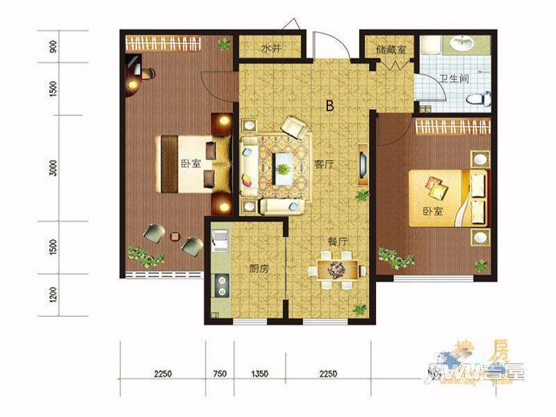 陶然雅居2室1厅1卫83㎡户型图