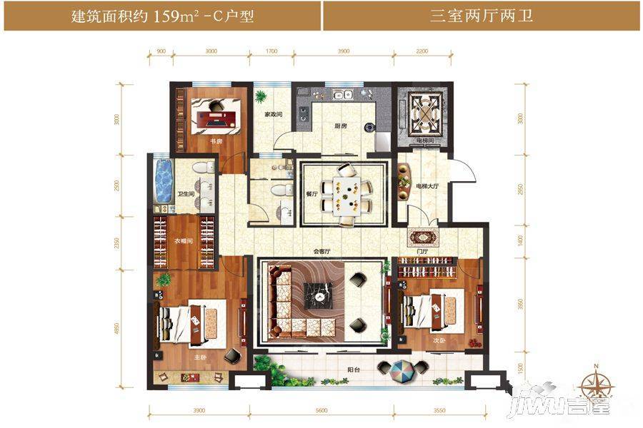 伊泰华府云玺3室2厅2卫159㎡户型图